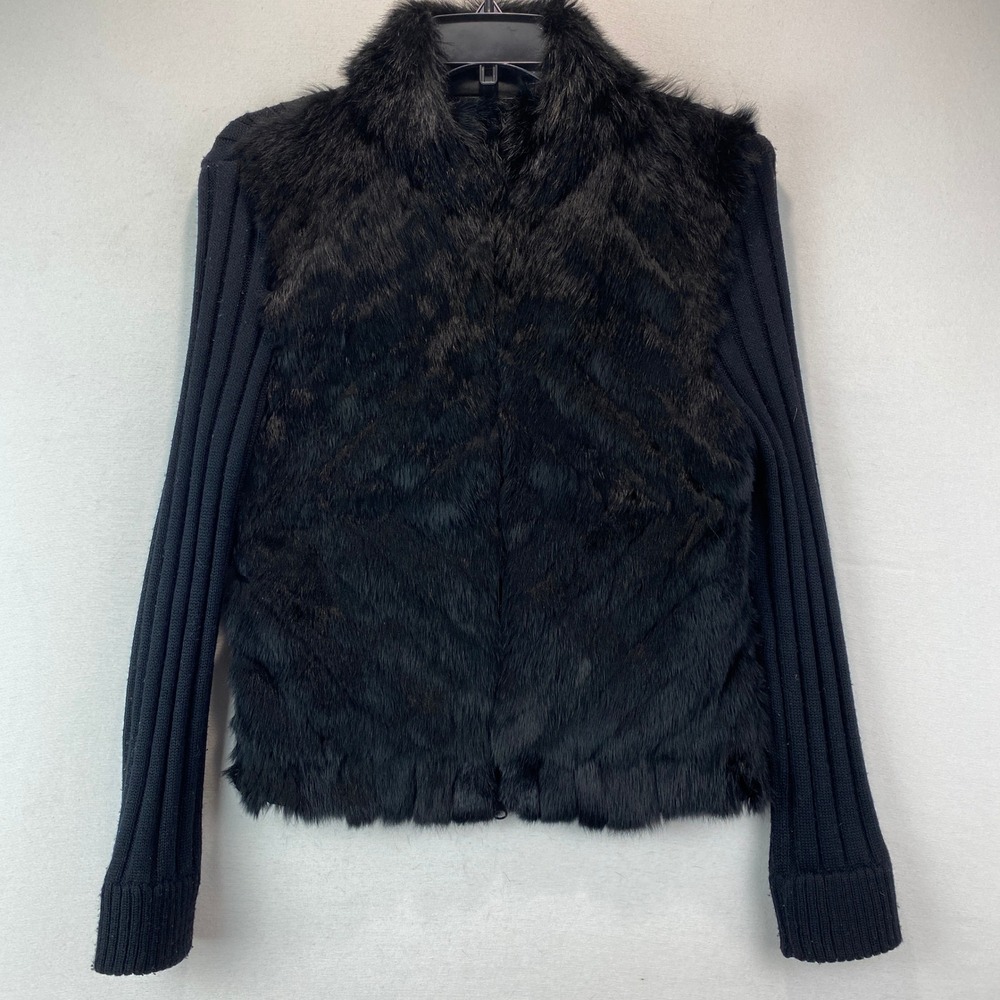 VTG Baluchi Rabbit Hair Fur Front Ribbed Knit Cardigan Women L Black Sweater Lux